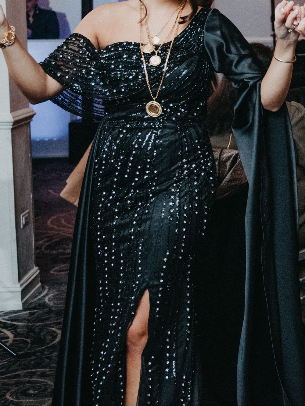 Black Sequin Dress with Draped Cape